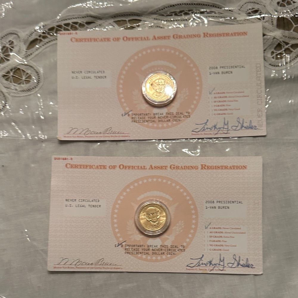2 2008  Never Circulated Martin Van Buren Presidential $1 Coins with certificate
